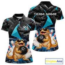 Load image into Gallery viewer, Custom turquoise bearded dragon bowling jersey for women, personalized team bowling polo shirt front view and back view