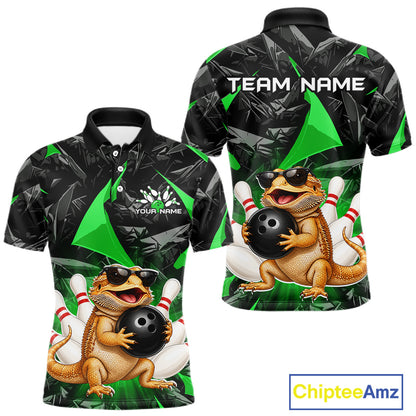 Custom green bearded dragon bowling jersey for men, personalized team bowling polo shirt front view and back view