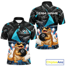 Load image into Gallery viewer, Custom turquoise bearded dragon bowling jersey for men, personalized team bowling polo shirt front view and back view