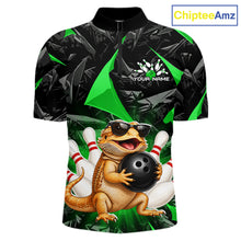 Load image into Gallery viewer, Custom green bearded dragon bowling jersey for men, personalized team bowling quarter zip shirt front view