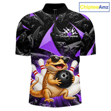 Load image into Gallery viewer, Custom purple bearded dragon bowling jersey for men, personalized team bowling quarter zip shirt front view