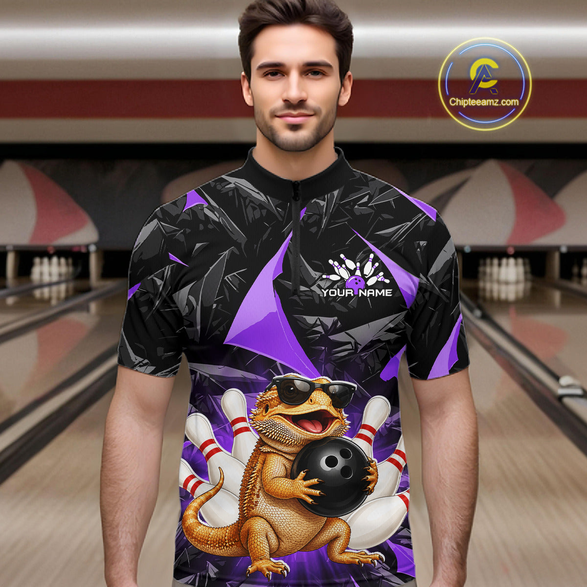 Men’s purple bearded dragon bowling quarter zip shirt, front view on male model in bowling lane 