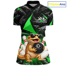 Load image into Gallery viewer, Custom green bearded dragon bowling jersey for women, personalized team bowling quarter zip shirt front view