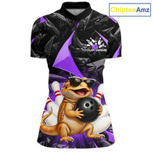 Load image into Gallery viewer, Custom purple bearded dragon bowling jersey for women, personalized team bowling quarter zip shirt front view