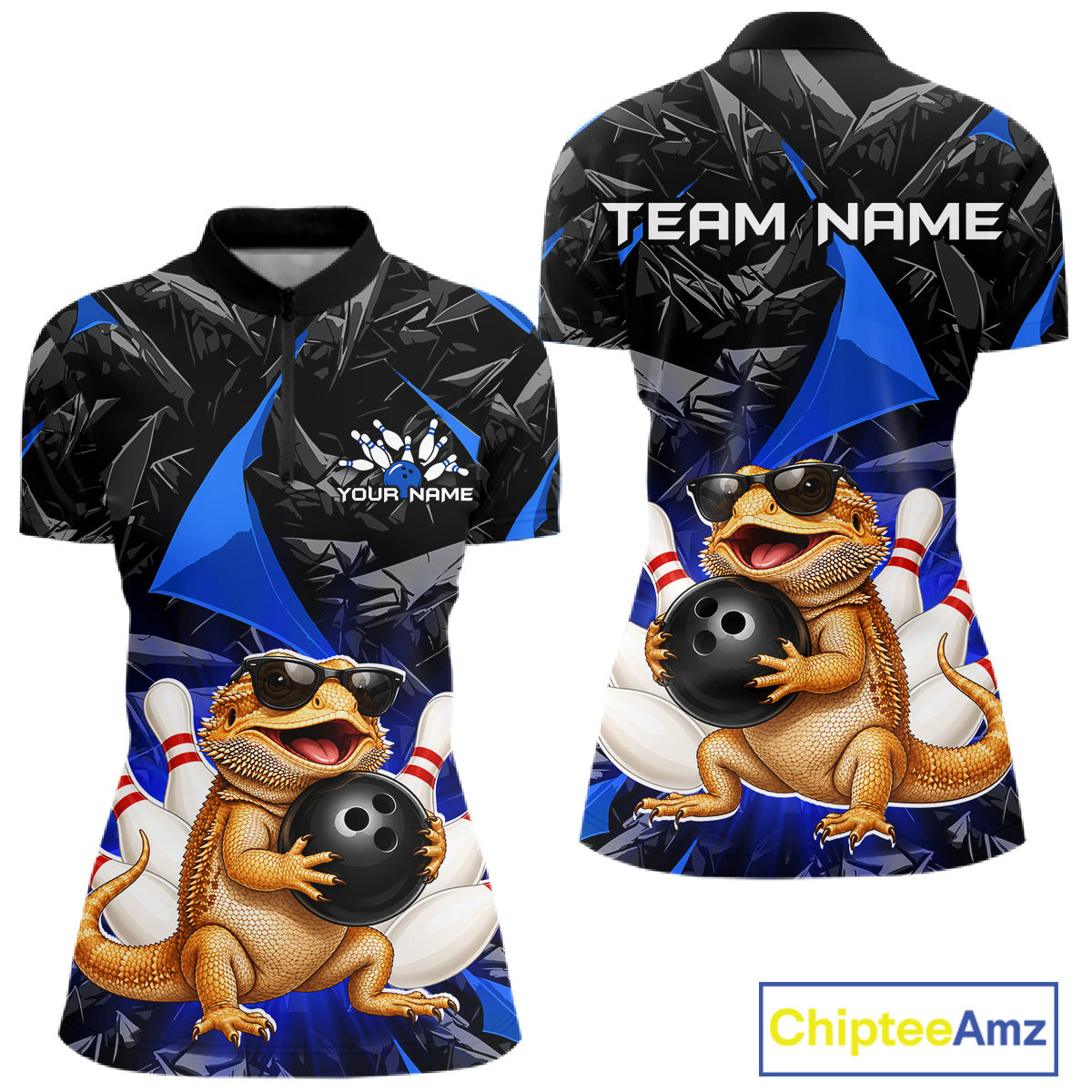 Custom blue bearded dragon bowling jersey for women, personalized team bowling quarter zip shirt front view and back view