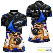 Load image into Gallery viewer, Custom blue bearded dragon bowling jersey for women, personalized team bowling quarter zip shirt front view and back view