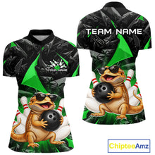 Load image into Gallery viewer, Custom green bearded dragon bowling jersey for women, personalized team bowling quarter zip shirt front view and back view