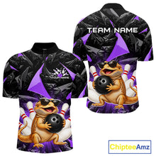 Load image into Gallery viewer, Custom purple bearded dragon bowling jersey for men, personalized team bowling quarter zip shirt front view and back view