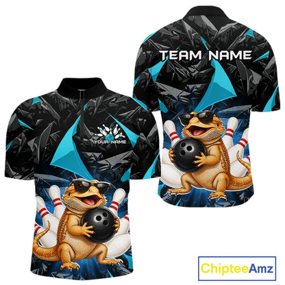 Custom turquoise bearded dragon bowling jersey for men, personalized team bowling quarter zip shirt front view and back view