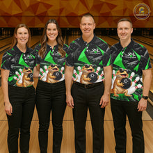 Load image into Gallery viewer, Group of bowlers in green bearded dragon team shirts, personalized bowling uniforms front view.