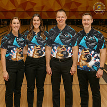 Load image into Gallery viewer, Group of bowlers in turquoise bearded dragon team shirts, personalized bowling uniforms front view.