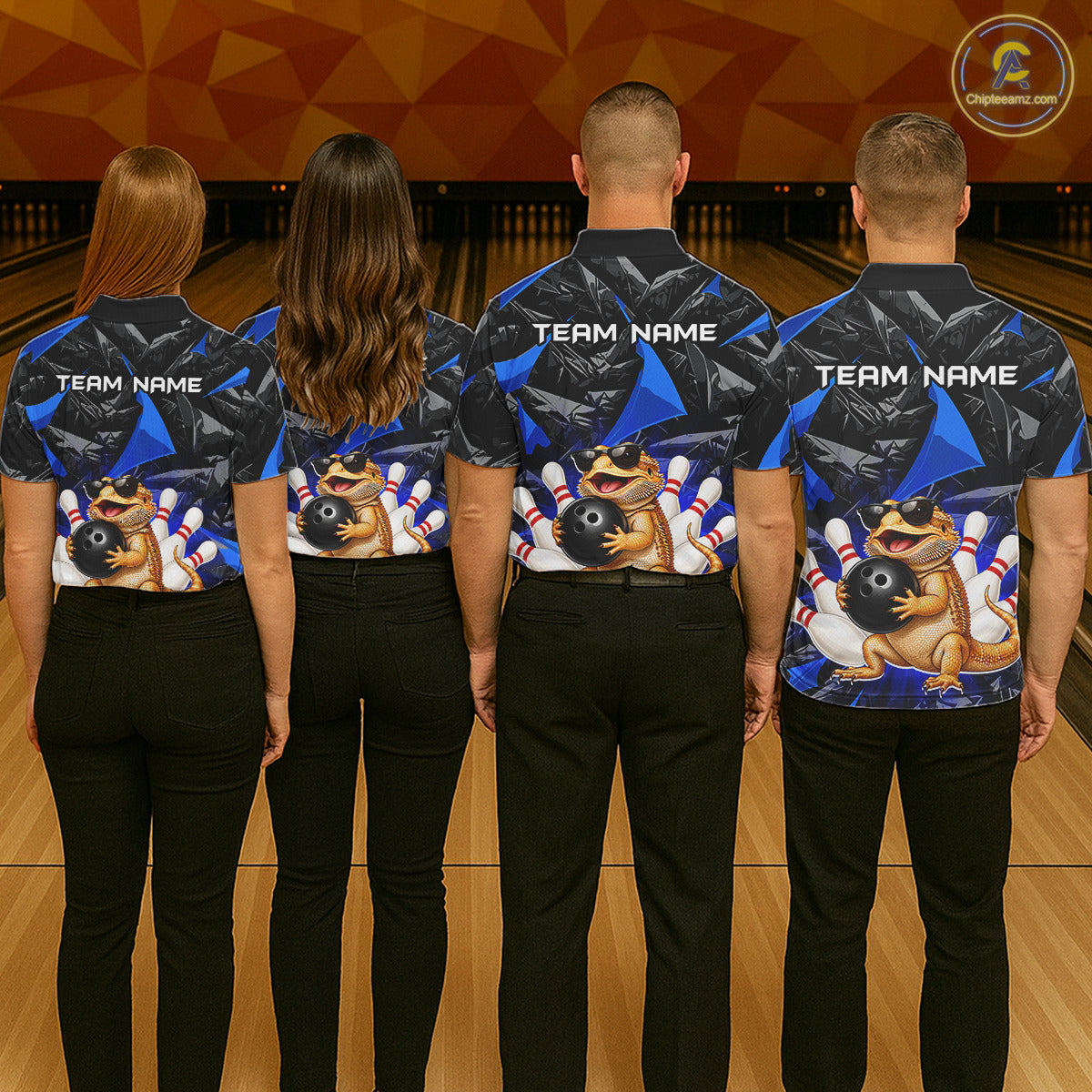 Group of bowlers in blue bearded dragon team shirts, personalized bowling uniforms back view.