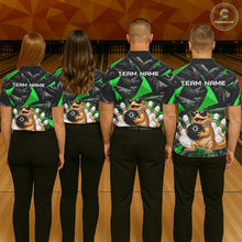 Load image into Gallery viewer, Group of bowlers in green bearded dragon team shirts, personalized bowling uniforms back view.