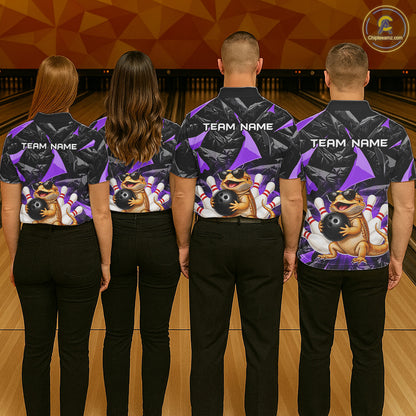 Group of bowlers in purple bearded dragon team shirts, personalized bowling uniforms back view.