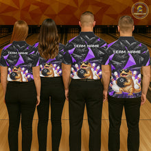 Load image into Gallery viewer, Group of bowlers in purple bearded dragon team shirts, personalized bowling uniforms back view.