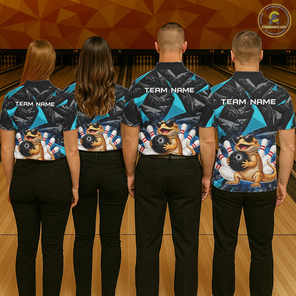 Group of bowlers in turquoise bearded dragon team shirts, personalized bowling uniforms back view.