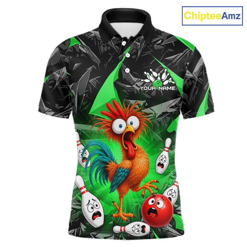A short-sleeve polo shirt with a black and green geometric pattern, featuring a colorful cartoon rooster and bowling pins on the front. The shirt has a customizable name print on the chest.