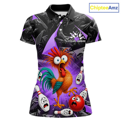 Front view personalized bowling polo shirt with a startled rooster surrounded by expressive bowling pins and a bowling ball, creating a playful action scene on a black and purple layout.