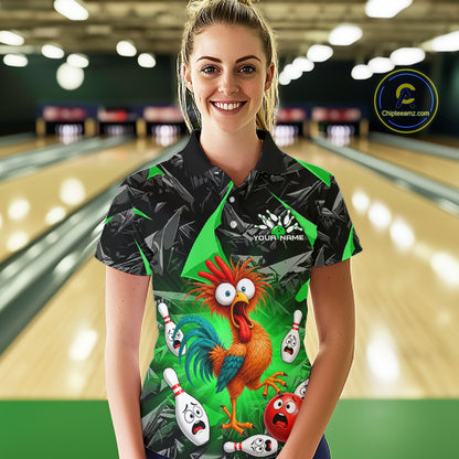 A woman wearing a custom bowling-themed short-sleeve polo shirt with a cartoon rooster and bowling pins, standing in front of a blurred bowling alley background. A 'Chileensean' watermark is visible in the top right corner.