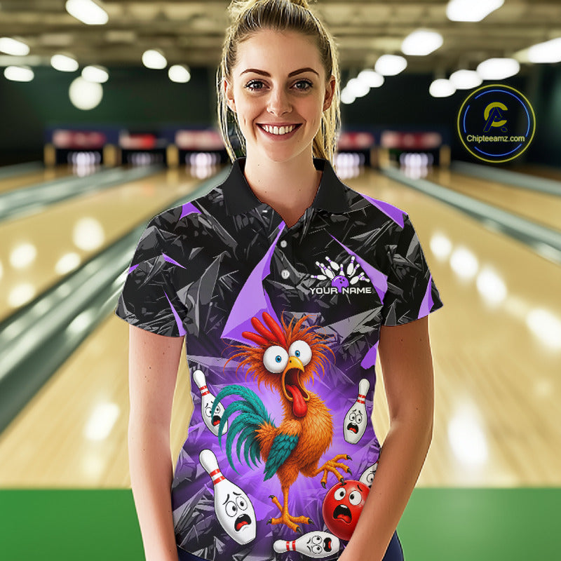 Women wearing personalized bowling polo shirt with a startled rooster surrounded by expressive bowling pins and a bowling ball, creating a playful action scene on a black and purple layout.
