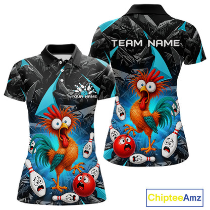Front and back views of a short-sleeve polo shirt with a colorful cartoon rooster and bowling pins design on a dark background. The shirt includes customizable text placeholders 'TEAM NAME' and 'YOUR NAME'.