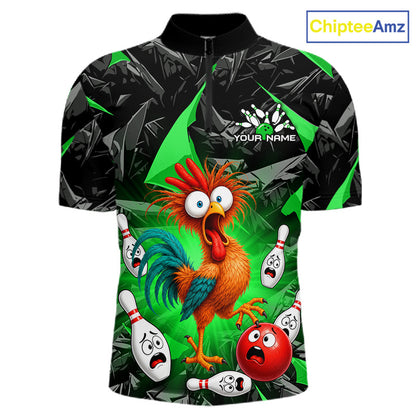 A short-sleeve zip-front polo shirt with a black and green abstract background and a large cartoon rooster surrounded by bowling pins and a red bowling ball. The shirt includes a placeholder logo area reading 'YOUR NAME' and a visible 'ChipteeAmz' watermark in the top right corner.