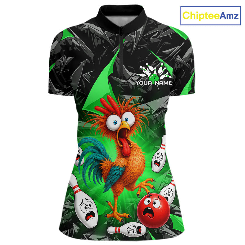 A short-sleeve polo shirt with a black and green abstract background and a large cartoon rooster and bowling pins graphic on the front. The shirt includes a placeholder logo area reading 'YOUR NAME' and a visible 'ChipteeAmz' brand mark in the top right corner.