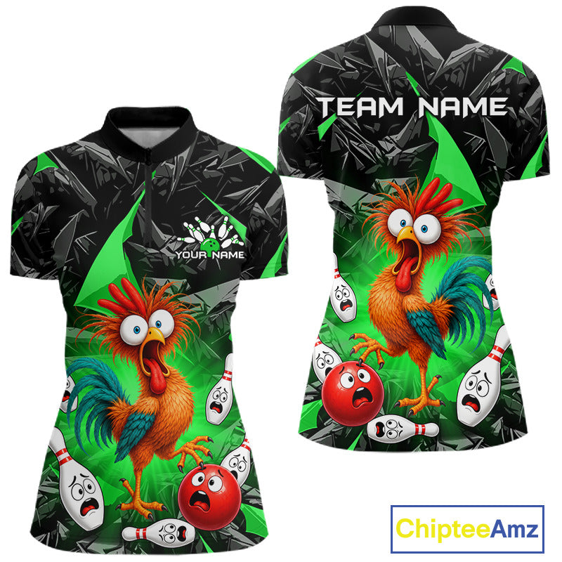 Custom short-sleeve polo shirt shown from front and back on a white background. The shirt features a colorful cartoon rooster, bowling pins, bowling balls, and a dark geometric pattern.