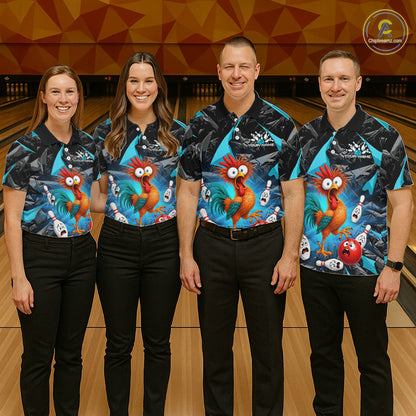Four people standing together in a bowling alley wearing matching bowling shirts with a colorful cartoon rooster print on a dark patterned background, paired with black pants.