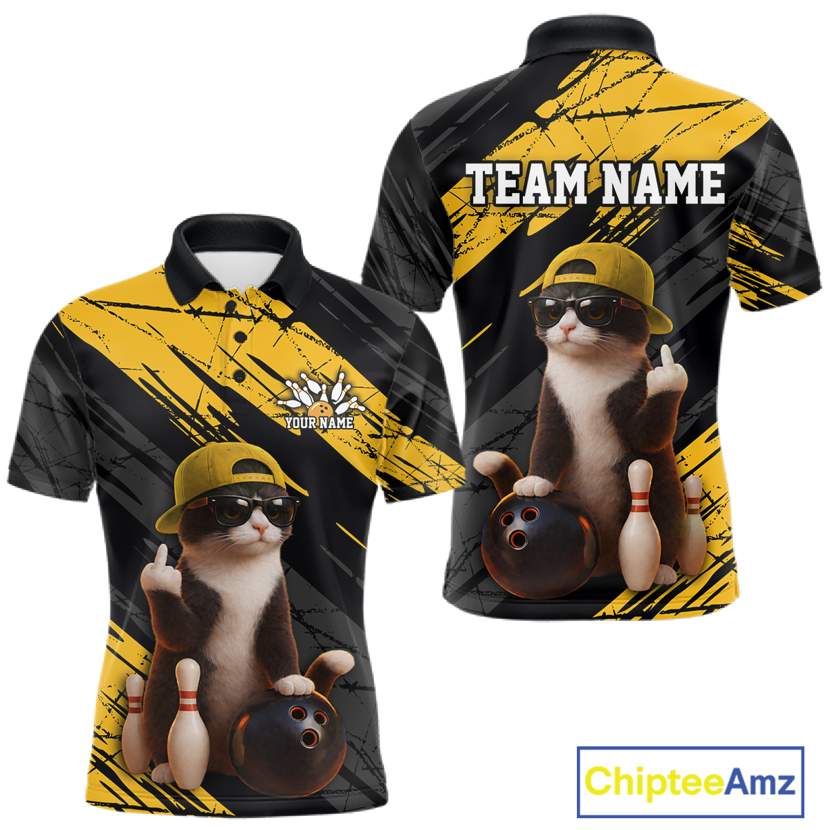 Custom Funny Cat Yellow Bowling Jersey for Men Bowling Polo & 1/4 Zip Bowling Team Shirts HNT198