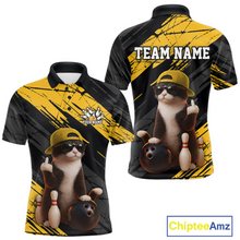 Load image into Gallery viewer, Custom Funny Cat Yellow Bowling Jersey for Men Bowling Polo &amp; 1/4 Zip Bowling Team Shirts HNT198