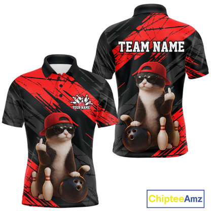Custom Funny Cat Red Bowling Jersey for Men Bowling Polo & 1/4 Zip Bowling Team Shirts HNT198