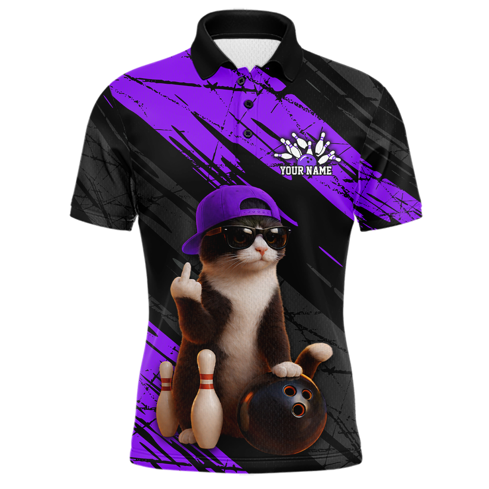 Custom Funny Cat Purple Bowling Jersey for Men Bowling Polo & 1/4 Zip Bowling Team Shirts HNT198