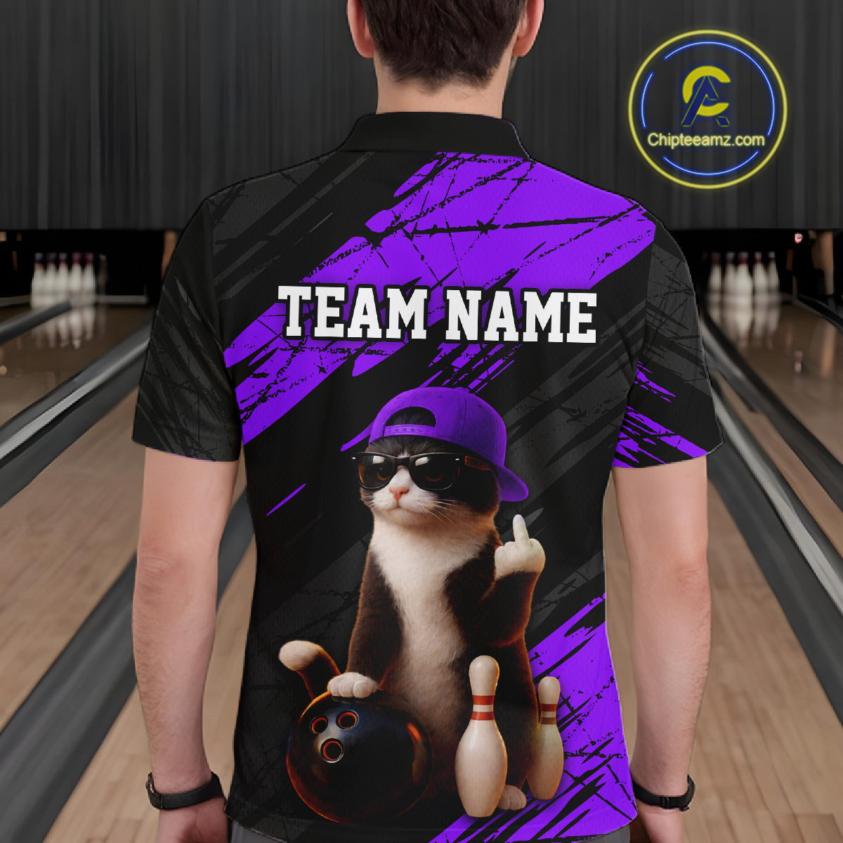 Custom Funny Cat Purple Bowling Jersey for Men Bowling Polo & 1/4 Zip Bowling Team Shirts HNT198