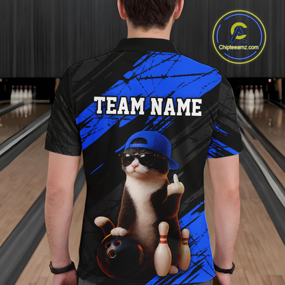 Custom Funny Cat Blue Bowling Jersey for Men Bowling Polo & 1/4 Zip Bowling Team Shirts HNT198