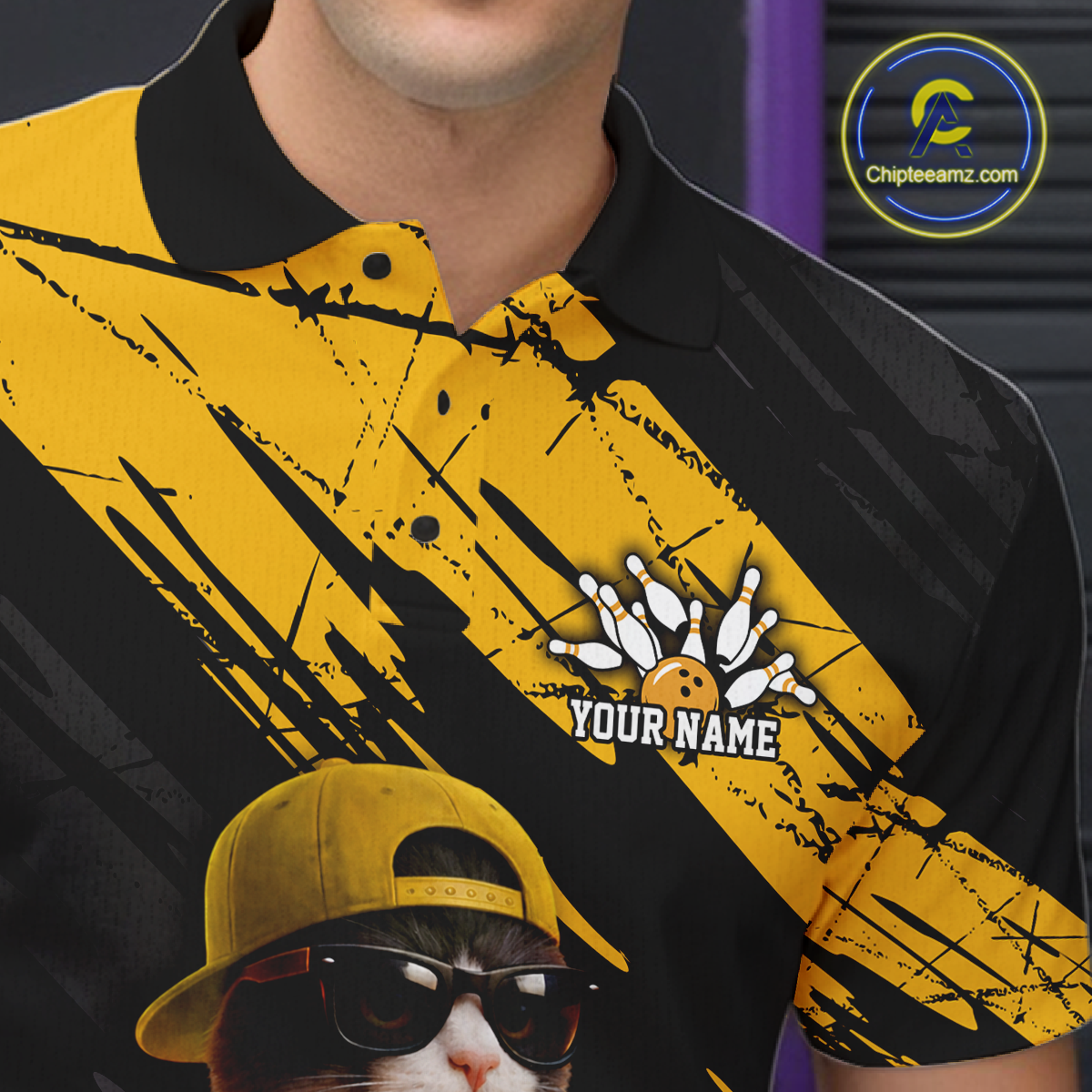 Custom Funny Cat Yellow Bowling Jersey for Men Bowling Polo & 1/4 Zip Bowling Team Shirts HNT198