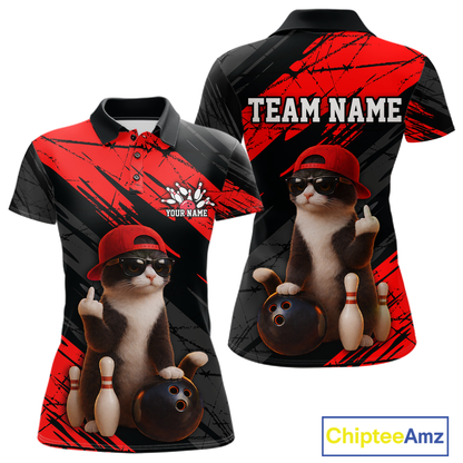 Custom Funny Cat Red Bowling Jersey for Women Bowling Polo & 1/4 Zip Bowling Team Shirts HNT198