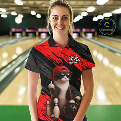 Custom Funny Cat Red Bowling Jersey for Women Bowling Polo & 1/4 Zip Bowling Team Shirts HNT198