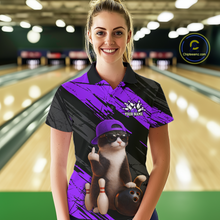 Load image into Gallery viewer, Custom Funny Cat Purple Bowling Jersey for Women Bowling Polo &amp; 1/4 Zip Bowling Team Shirts HNT198