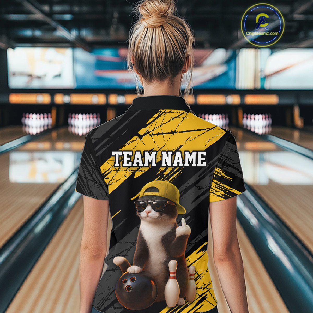 Custom Funny Cat Yellow Bowling Jersey for Women Bowling Polo & 1/4 Zip Bowling Team Shirts HNT198