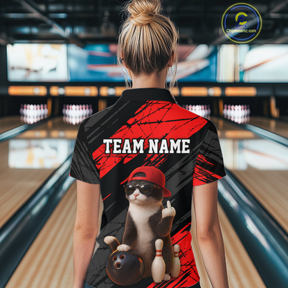 Custom Funny Cat Red Bowling Jersey for Women Bowling Polo & 1/4 Zip Bowling Team Shirts HNT198
