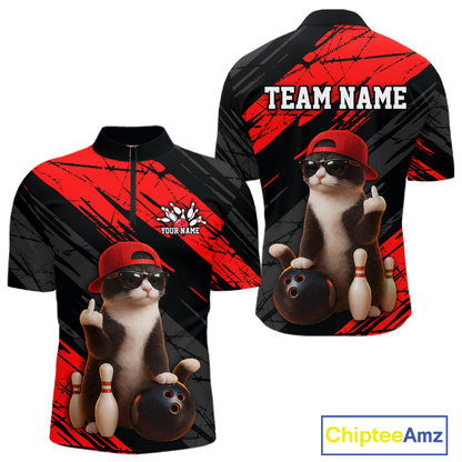 Custom Funny Cat Red Bowling Jersey for Men Bowling Polo & 1/4 Zip Bowling Team Shirts HNT198