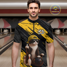 Load image into Gallery viewer, Custom Funny Cat Yellow Bowling Jersey for Men Bowling Polo &amp; 1/4 Zip Bowling Team Shirts HNT198