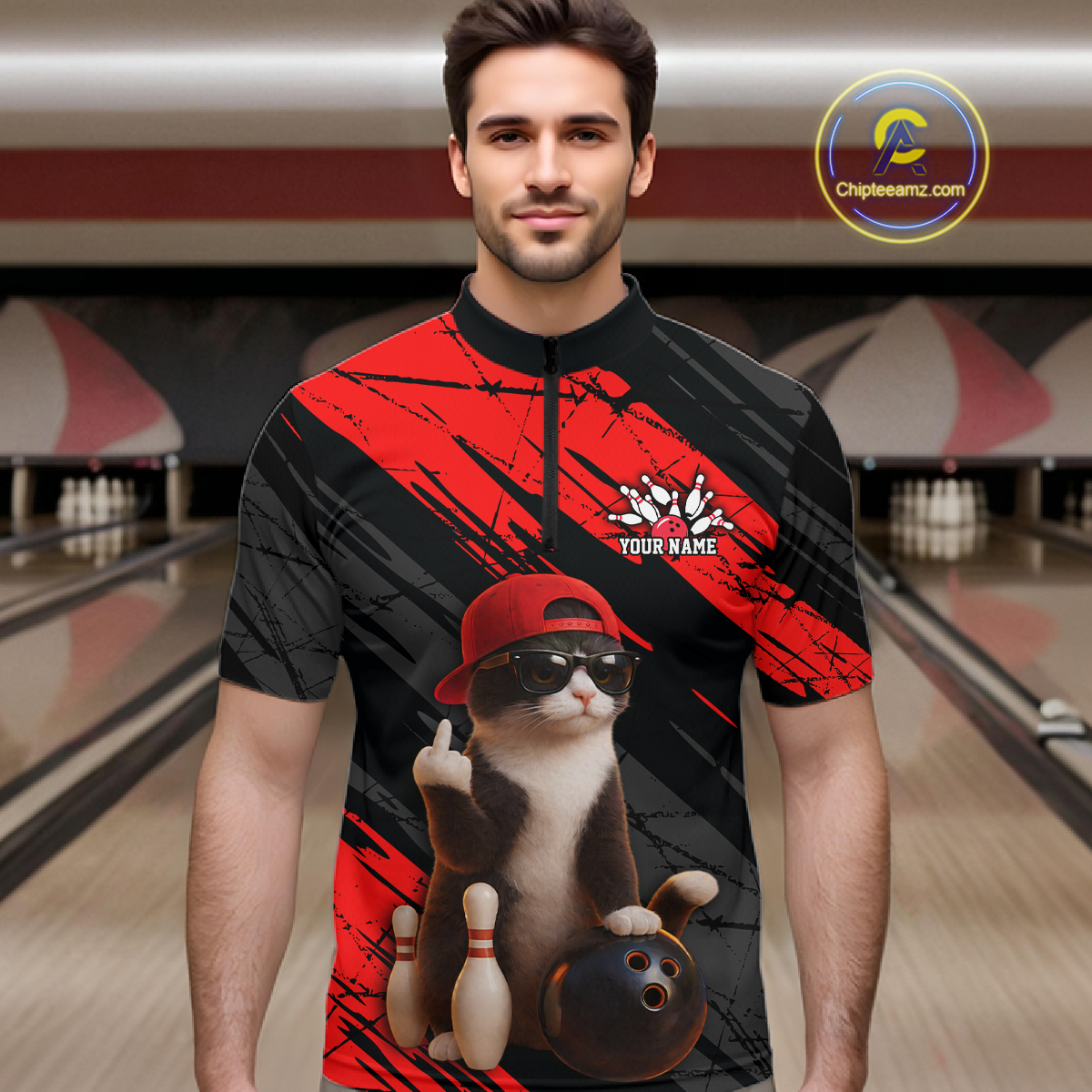Custom Funny Cat Red Bowling Jersey for Men Bowling Polo & 1/4 Zip Bowling Team Shirts HNT198