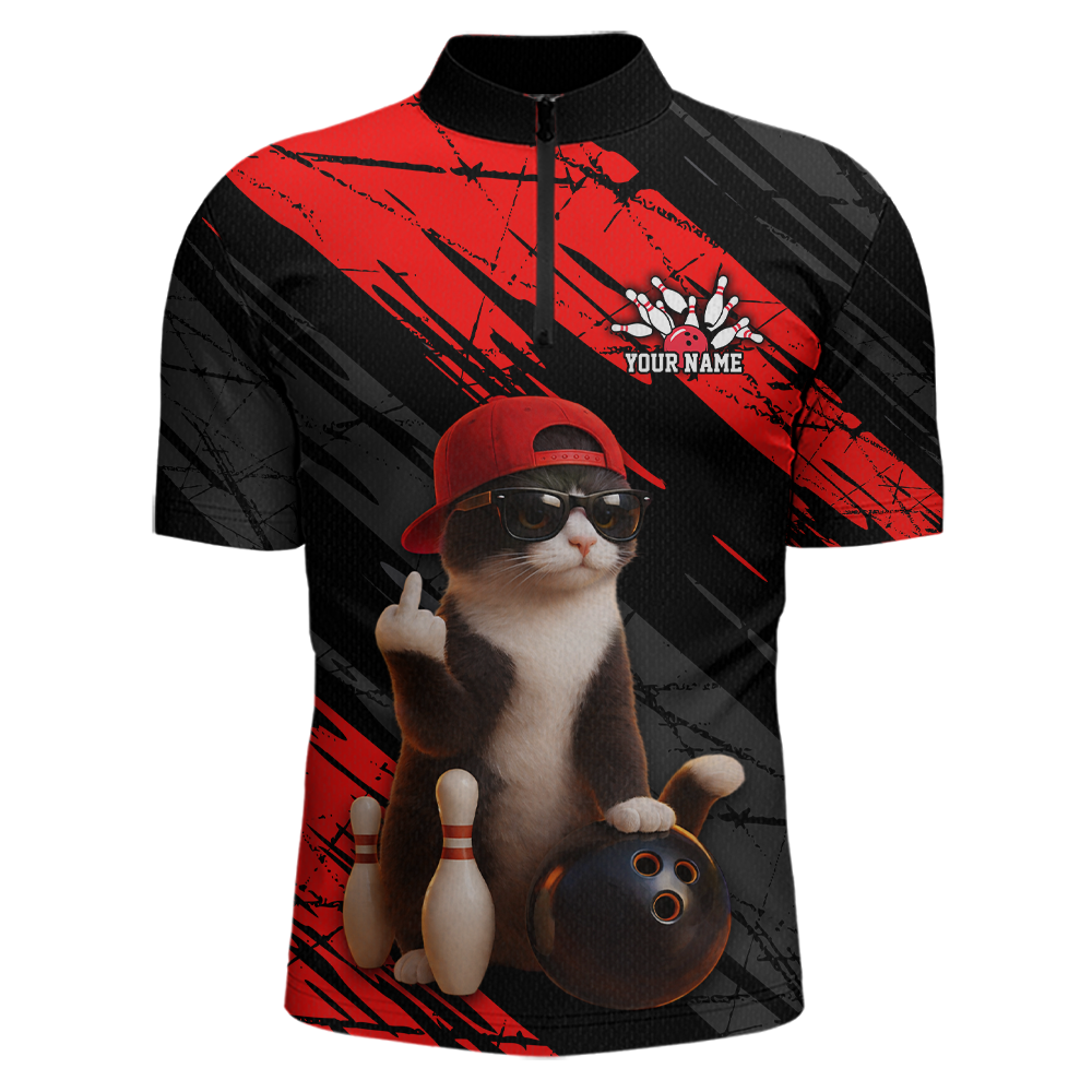 Custom Funny Cat Red Bowling Jersey for Men Bowling Polo & 1/4 Zip Bowling Team Shirts HNT198