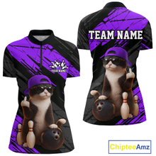 Load image into Gallery viewer, Custom Funny Cat Purple Bowling Jersey for Women Bowling Polo &amp; 1/4 Zip Bowling Team Shirts HNT198
