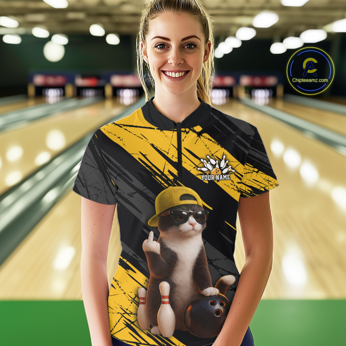 Custom Funny Cat Yellow Bowling Jersey for Women Bowling Polo & 1/4 Zip Bowling Team Shirts HNT198