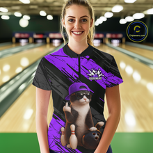 Load image into Gallery viewer, Custom Funny Cat Purple Bowling Jersey for Women Bowling Polo &amp; 1/4 Zip Bowling Team Shirts HNT198