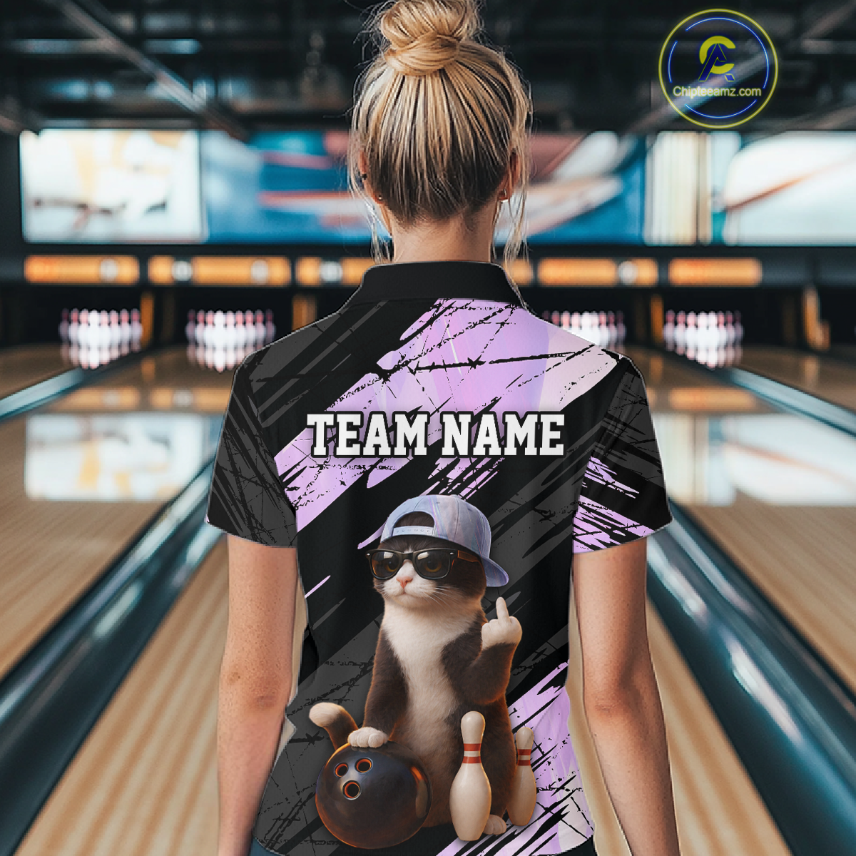 Custom Funny Cat Holographic Bowling Jersey for Women Bowling Polo & 1/4 Zip Bowling Team Shirts HNT198