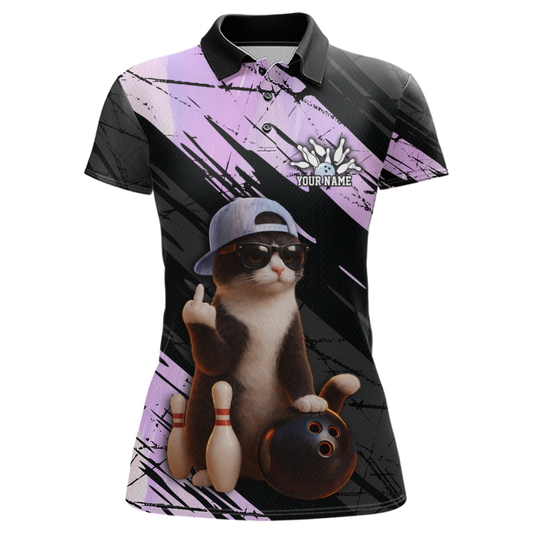 Custom Funny Cat Holographic Bowling Jersey for Women Bowling Polo & 1/4 Zip Bowling Team Shirts HNT198